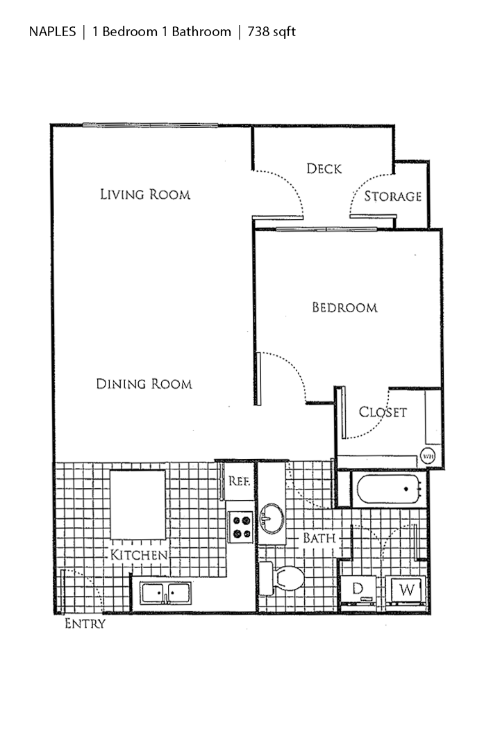 Floor plan for 1 bed, 1 bath, 738 sqft